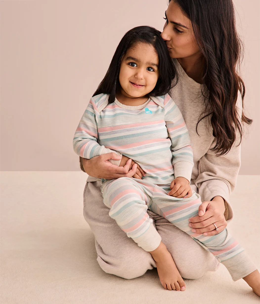 Kids Pyjama Set Long Sleeve Merino Wool Olive Stripe - Image 3