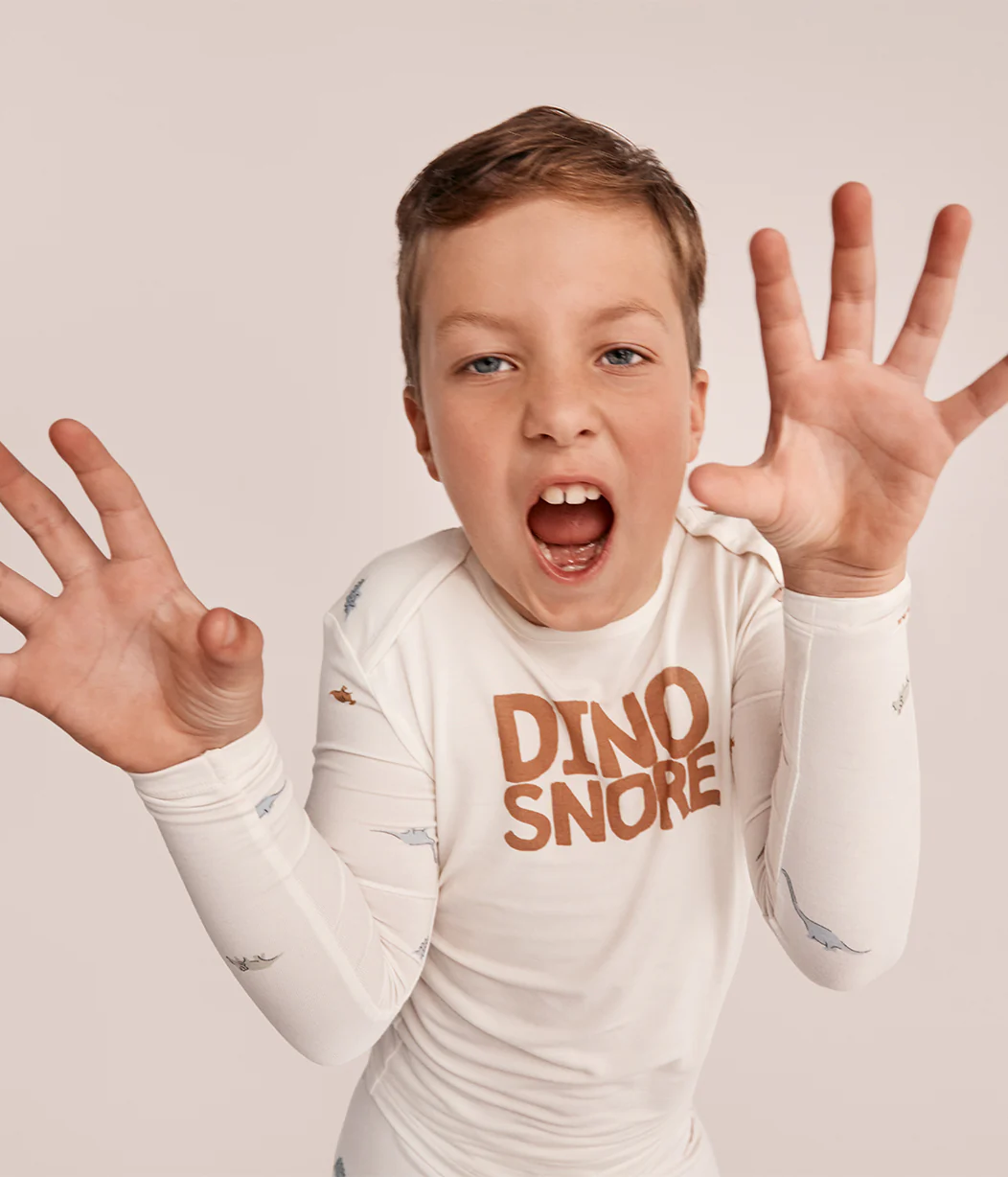 Kids Pyjama Set Long Sleeve Viscose from Bamboo Cream Dino Snore - Image 4