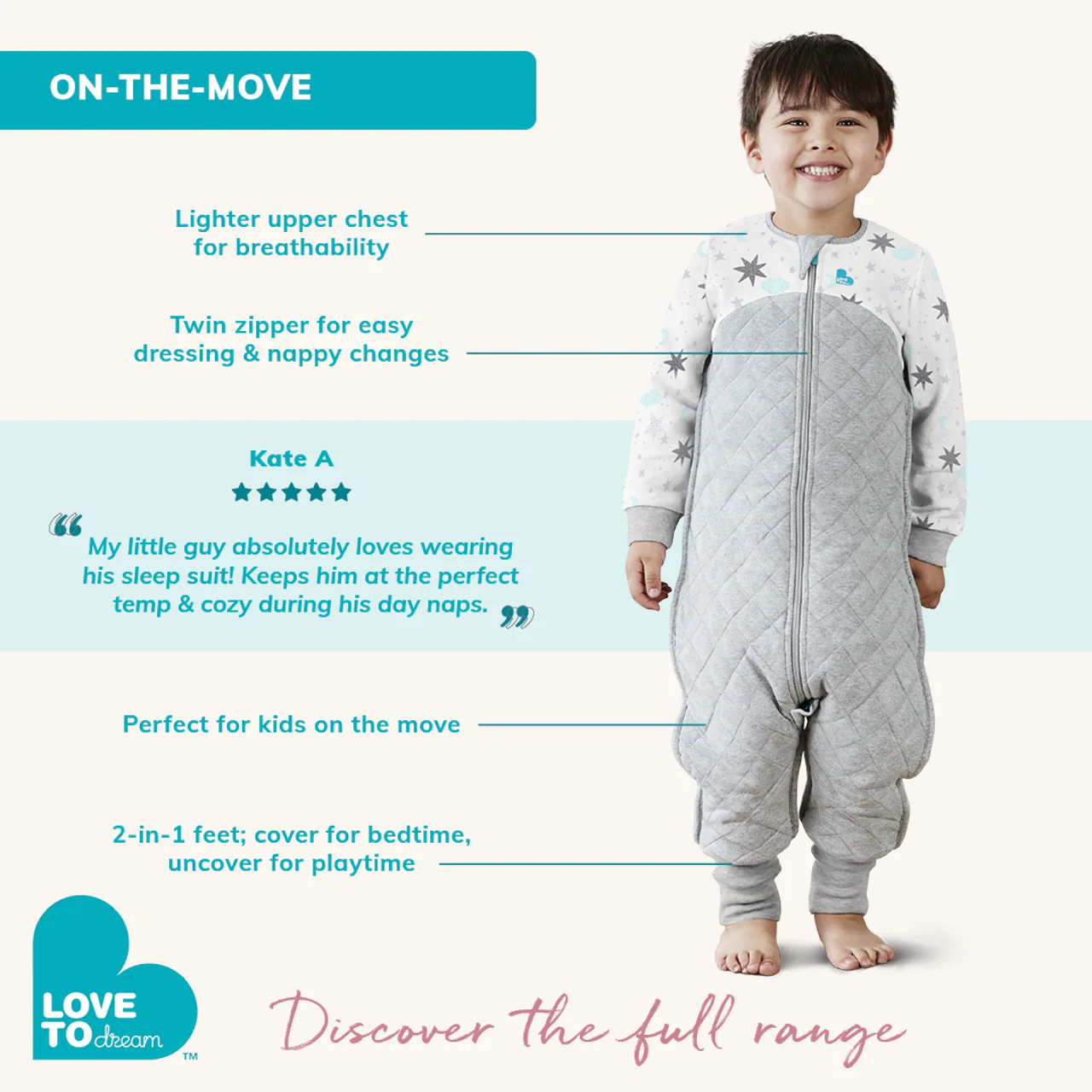 Sleep Suit Long Sleeve 1.0 TOG Organic Cotton Dusty Blue - Image 4